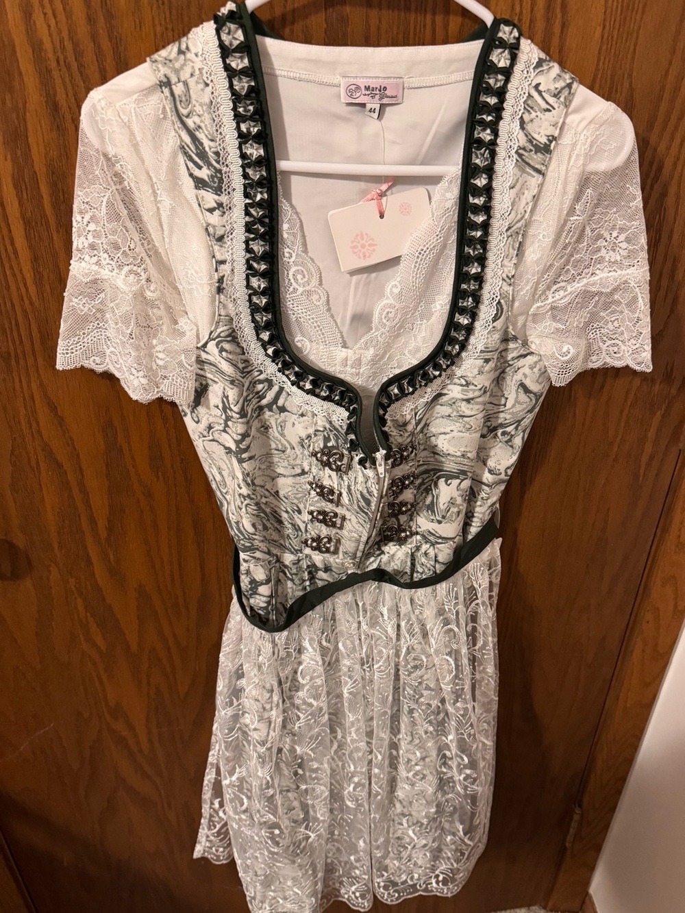 White Lace Dirndl Dress with Green Trim